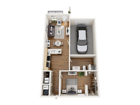 A top-down view of a house layout with a car parked outside.